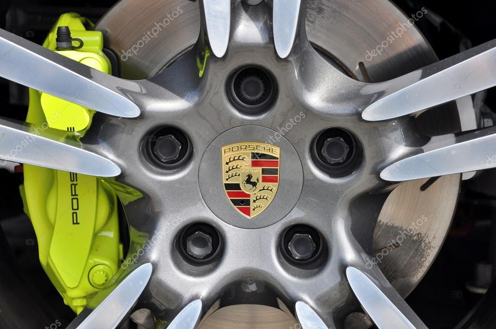 PRAGUE, THE CZECH REPUBLIC, 02.08.2015: Closeup car wheel Porsche with logo and brand new design