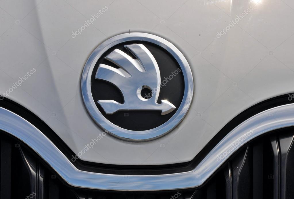 PRAGUE, THE CZECH REPUBLIC, 02.08.2015 -detail of logo Skoda auto car near car store Skoda Prague
