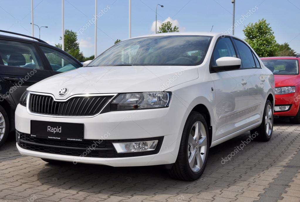 PRAGUE, THE CZECH REPUBLIC, 02.08.2015 -Brand new Skoda Rapid in front of Car Store Skoda