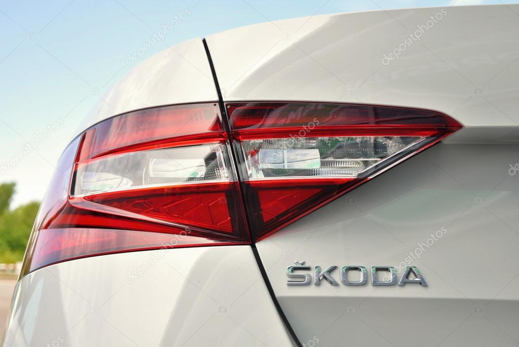 PRAGUE, THE CZECH REPUBLIC, 02.08.2015 -detail of brand new Skoda Superb in silver color