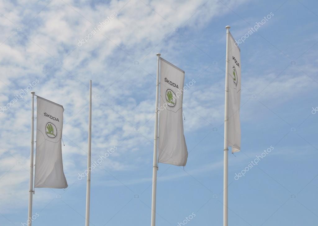 PRAGUE, THE CZECH REPUBLIC, 02.08.2015 - car store Skoda flags in Prague