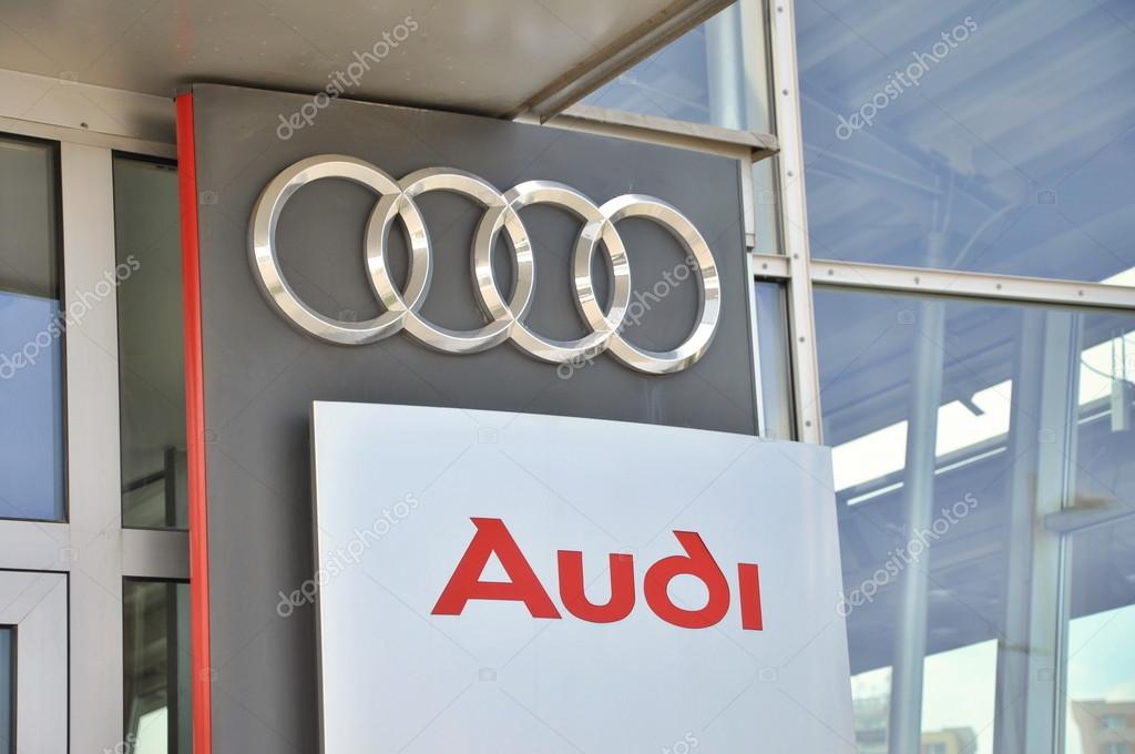 PRAGUE, THE CZECH REPUBLIC, 02.08.2015 - detail of logo Audi in car store in Prague