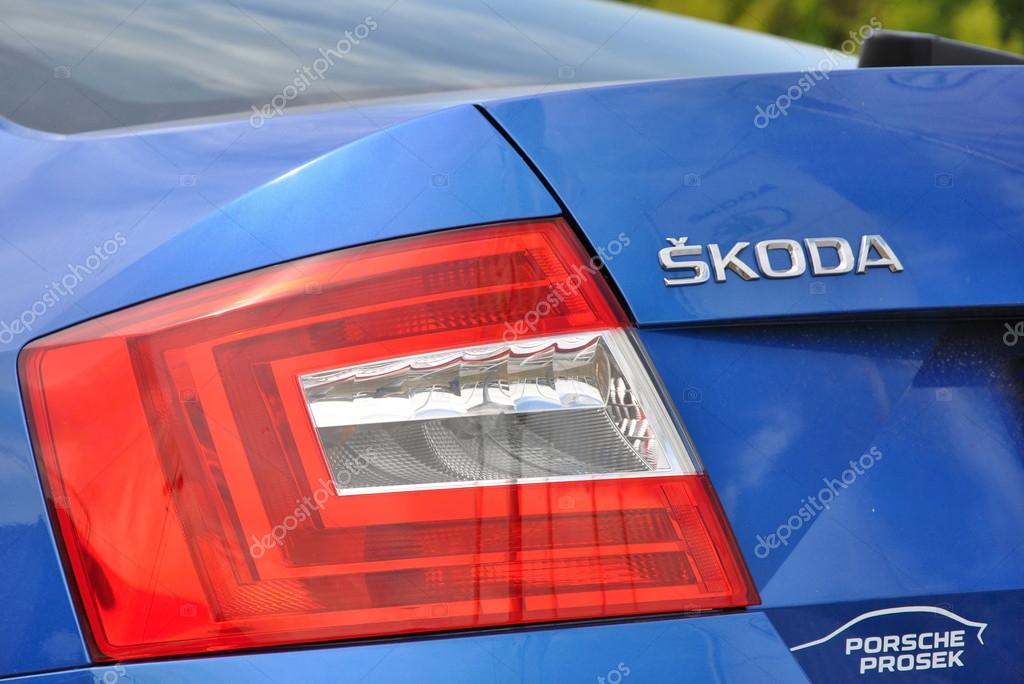 PRAGUE, THE CZECH REPUBLIC, 02.08.2015 - close up of car Skoda in front of Skoda Car Store
