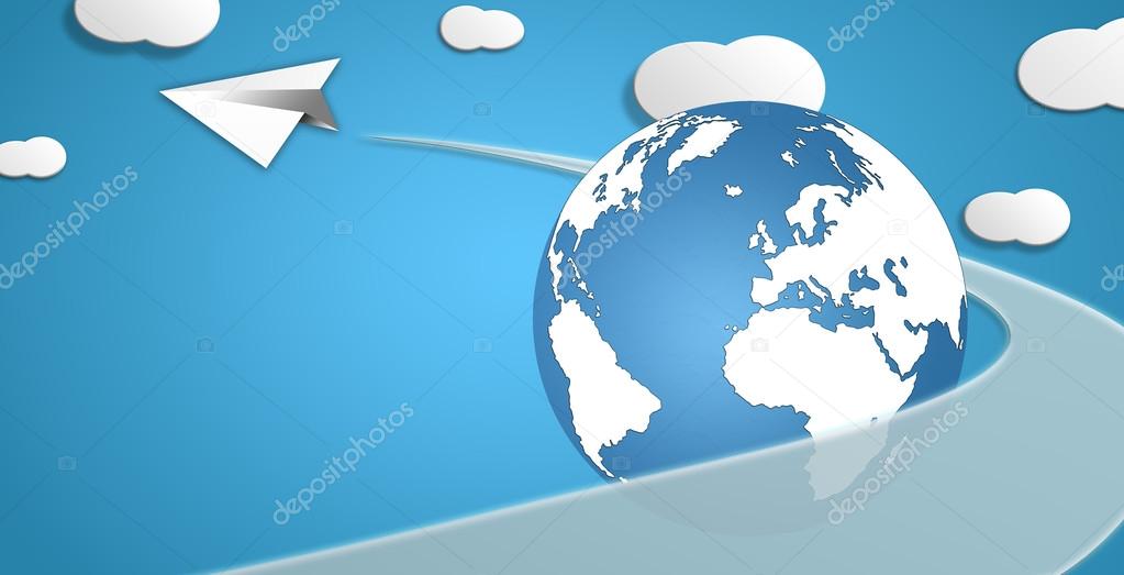 Paper plane with stroke and globe and clouds flying concept