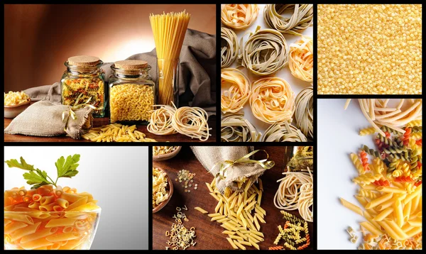 Collage med olika typer av okokt pasta — Stockfoto