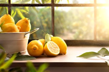 Mutfakta bir sepet dolusu limon ve arka planında da bir pencere ve limon bahçesi var. Ön manzara. Yatay bileşim.