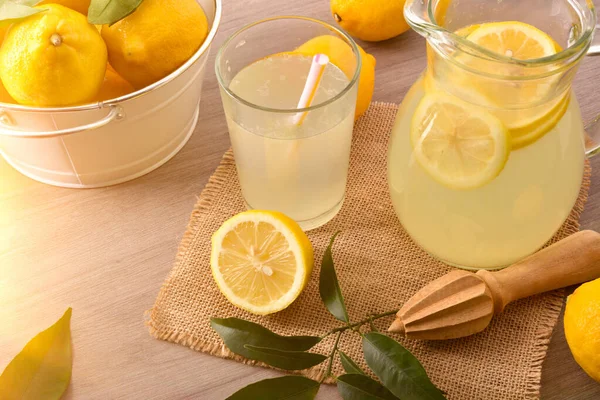 Homemade Lemonade Kitchen Table Basket Full Lemons Top Elevated View — Stock Photo, Image