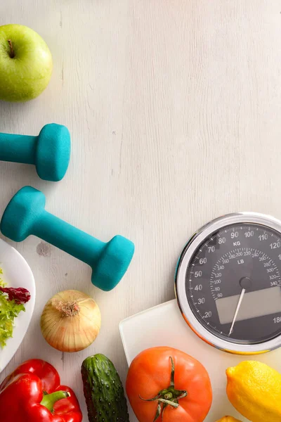 Healthy Food Sport Background White Wooden Scale Measuring Tape Top — Stock Photo, Image