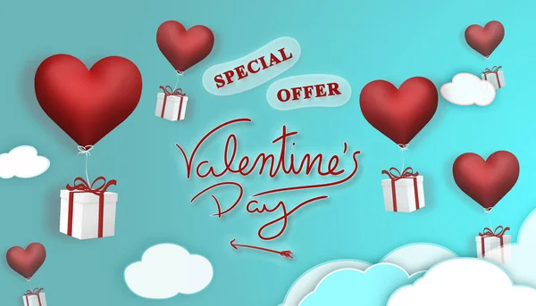 Valentijnsdag Speciale Aanbiedingen Promo Kaart Illustratie Met Geschenken Opknoping Rode — Stockfoto