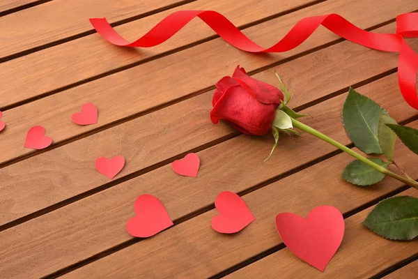 Romantic Background Red Rose Red Cutouts Heart Shape Wooden Slat — Stock Photo, Image