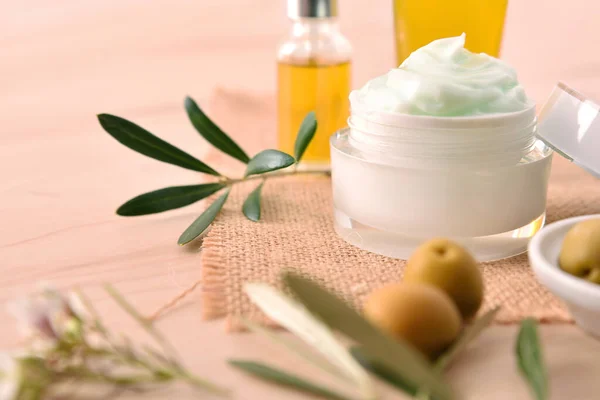 Moisturizing Cosmetic Cream Olive Extract Skin Serum Branch Olives Wood — Stock Photo, Image