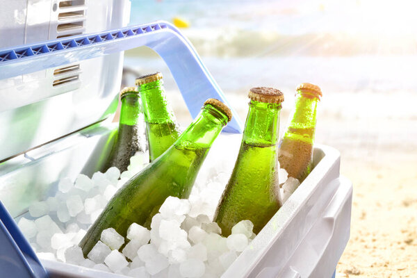 Bottles Beer Chilled Ice Camping Fridge Beach Hot Day Sunshine — Stock Photo, Image