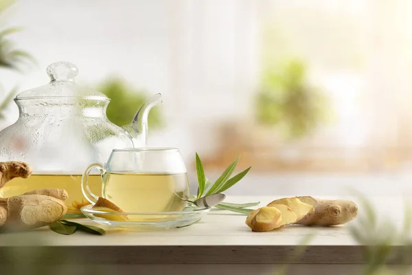 Cup Ginger Drink Wooden Table Ginger Root Teapot Leaves Kitchen — Stock Photo, Image