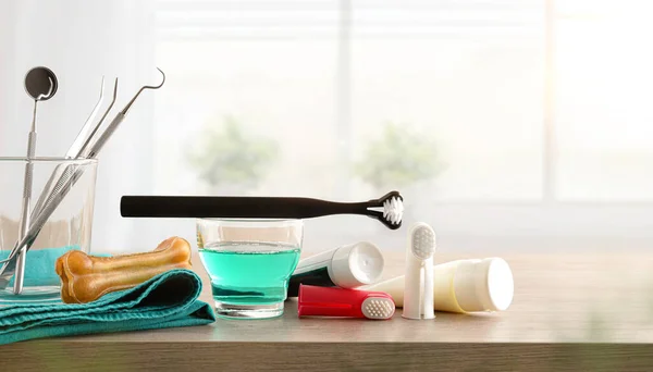 Productos Veterinarios Profesionales Accesorios Para Limpieza Dientes Caninos Sobre Mesa —  Fotos de Stock