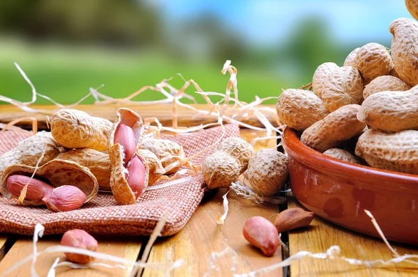 Group of peanuts on a wooden table in the field — Stock Photo, Image