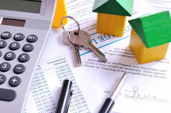 Calculation of mortgage loan and signed agreement top view — Stock Photo, Image