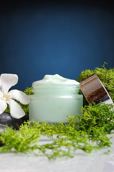 Cream jar algae vertical view blue background — Stock Photo, Image