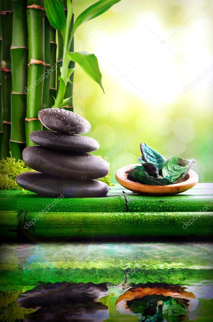Stones stacked and bowl with green leaves reflected in water