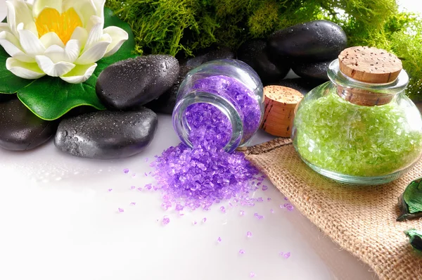 Natural bath salts close up on white table — Stock Photo, Image