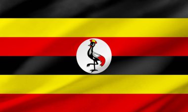 Background detail of Uganda flag occupying the entire frame with waving fabric texture.