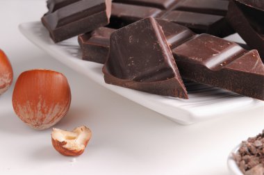 Chocolate portions with hazelnuts on a dish close up