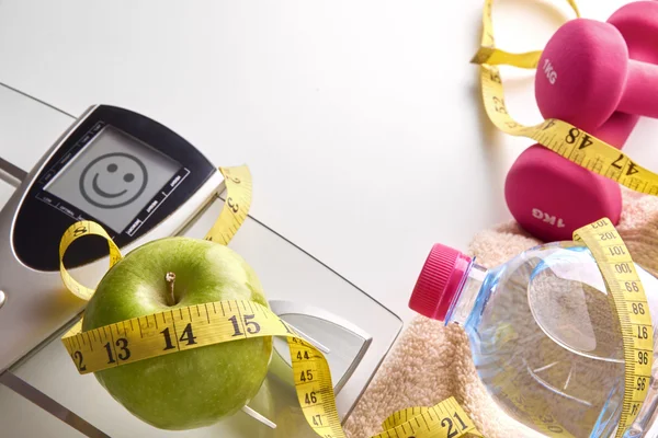 Concepto salud dieta y deporte mujer feliz cara mensaje —  Fotos de Stock