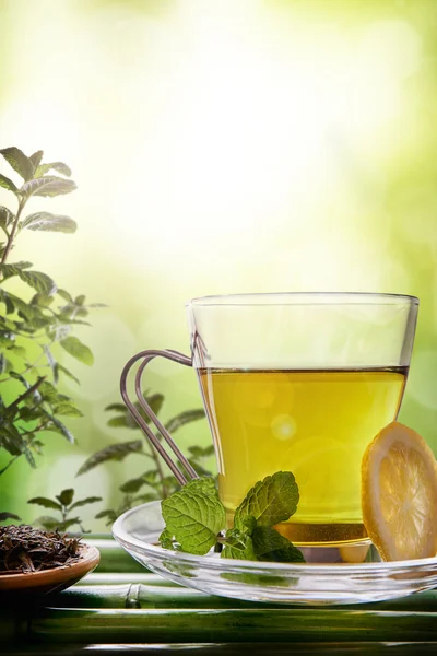 Східний зелений чай з м'ятою та лимоном на бамбуку крупним планом — стокове фото