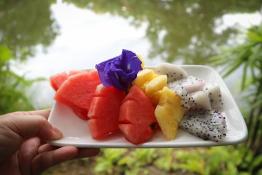 servis için ejderha meyvesi, ananas ve karpuz.