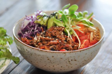 salad or beef salad, beef and vegetable salad with sesame topping