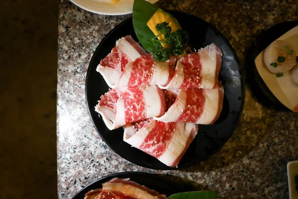 Carne Bovino Cortada Fatias Carne Bovino Bruto Carne Porco Deslizada — Fotografia de Stock