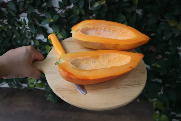 Papaya Gyümölcspapaya Vagy Vágott Papaya Kés — Stock Fotó