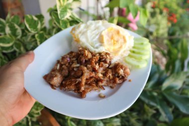 Kızarmış domuz eti ya da kızarmış domuz eti yanında yumurta ve pilav.