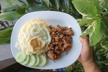 Kızarmış domuz eti ya da kızarmış domuz eti yanında yumurta ve pilav.