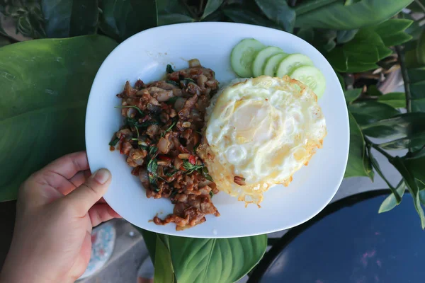 Kutsal fesleğenle kızartılmış domuz eti, pilav ve omlet.