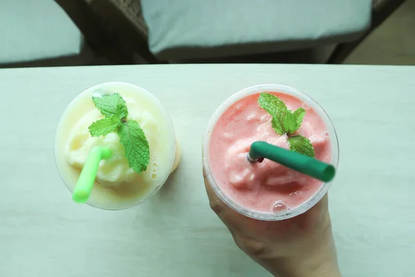 smoothie ,strawberry yogurt smoothie and pineapple smoothie or mango smoothie for serve