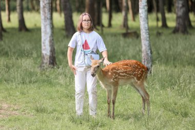 A girl feeding cute spotted deer bambi at petting zoo. Happy traveler girl enjoys socializing with wild animals in national park in summer. Baby fawn deer playing with people in contact zoo