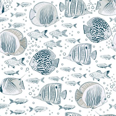Vektör el çizilmiş egzotik balıklar pürüzsüz desenli arka plan.