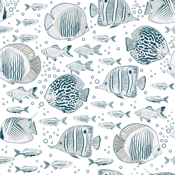 Vektör el çizilmiş egzotik balıklar pürüzsüz desenli arka plan.