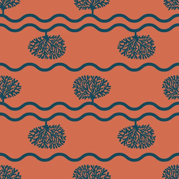 Vektör Cooper terracotta koyu mavi ağaç kıvrımlı çizgiler elle çizilmiş desensiz iz arkaplanı.
