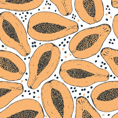 Vektör el çizilmiş papaya dikişsiz iz arkaplanı.