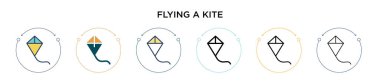 Uçurtma ikonunun içini doldurmak, ince çizgi, taslak ve vuruş stili. Uçurtma vektör simgeleri taşıyan iki renkli ve siyah rengin vektör illüstrasyonu mobil, ui, web için kullanılabilir