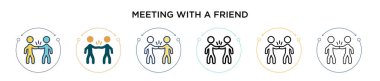 Dopdolu, ince çizgi, özet ve vuruş tarzında bir arkadaş ikonu ile buluşmak. Bir arkadaş vektör simgeleriyle iki renkli ve siyah buluşmanın vektör illüstrasyonu mobil, ui, web için kullanılabilir