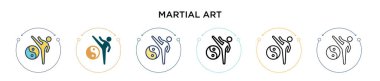 Dövüş sanatları ikonu dolu, ince çizgi, özet ve vuruş stili. Mobil, ui, web için iki renkli ve siyah dövüş sanatları ikonu tasarımı vektör illüstrasyonu kullanılabilir