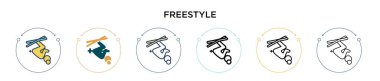 Serbest stil simgesi doldurulmuş, ince çizgi, özet ve vuruş stili. Mobil, ui, web için iki renkli ve siyah freestyle vektör simgesi tasarımı kullanılabilir