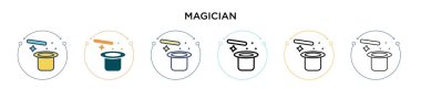 Sihirbaz ikonu dolu, ince çizgi, özet ve vuruş stili. Mobil, ui, web için iki renkli ve siyah sihirbaz vektör ikonu tasarımı vektör illüstrasyonu kullanılabilir
