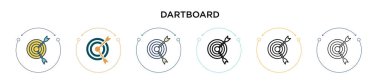 Dartboard simgesi dolu, ince çizgi, özet ve vuruş stili. Mobil, ui, web için iki renkli ve siyah dartboard vektör simgesi tasarımı vektör illüstrasyonu kullanılabilir