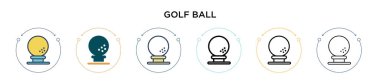 Golf topu ikonu doldurulmuş, ince çizgi, dış hatlar ve vuruş stili. Mobil, ui, web için iki renkli ve siyah golf topu vektör ikonu tasarımı vektör illüstrasyonu kullanılabilir