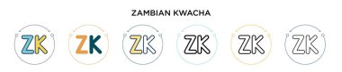 Zambiya kwacha simgesi dolu, ince çizgi, özet ve vuruş stili. Mobil, ui, web için iki renkli ve siyah zambiyalı kwacha vektör ikonlarının vektör çizimi kullanılabilir