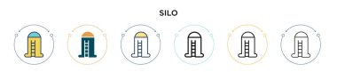 Silo simgesi doldurulmuş, ince çizgi, özet ve vuruş stili. Mobil, ui, web için iki renkli ve siyah silo vektör ikonu tasarımının vektör illüstrasyonu kullanılabilir