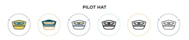 Pilot şapkası simgesi doldurulmuş, ince çizgi, özet ve vuruş stili. Mobil, ui, web için iki renkli ve siyah pilot şapka vektör ikonu tasarımı vektör illüstrasyonu kullanılabilir